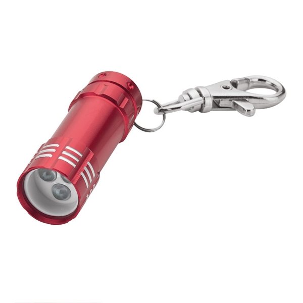 aerial view a red aluminum 3- led lobster clip flashlight with multiple color choices, image 4 of 5