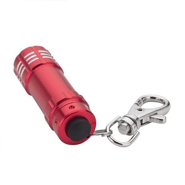 aerial view a red aluminum 3- led lobster clip flashlight with multiple color choices, image 5 of 5