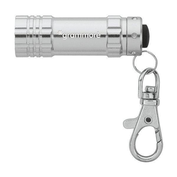 aerial view a silver aluminum 3- led lobster clip flashlight with multiple color choices, image 2 of 5