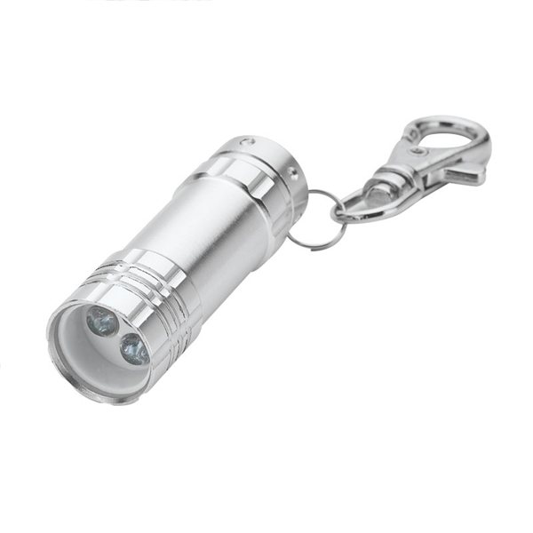 aerial view a silver aluminum 3- led lobster clip flashlight with multiple color choices, image 4 of 5