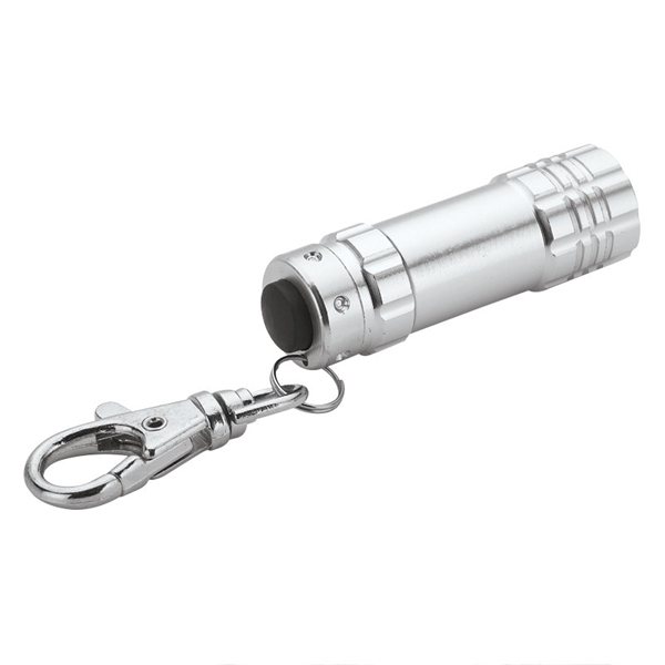 aerial view a silver aluminum 3- led lobster clip flashlight with multiple color choices, image 5 of 5