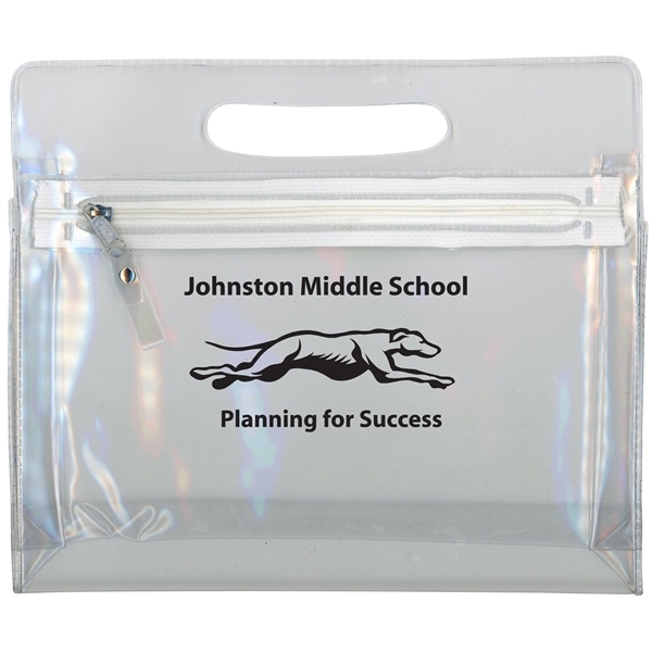 aerial view a clear translucent airline pouch cosmetic case with handle and zipper closure, image 2 of 2