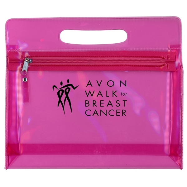 aerial view a pink translucent airline pouch cosmetic case with handle and zipper closure, image 2 of 2