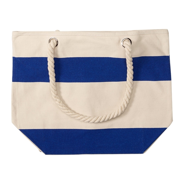 aerial view a royal blue 16 oz portsmouth cotton canvas tote bag, image 3 of 3