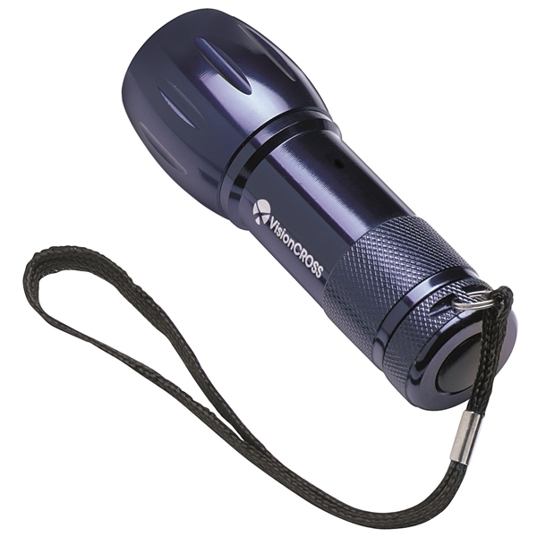 aerial view a blue mini aluminum led flashlight, image 2 of 4