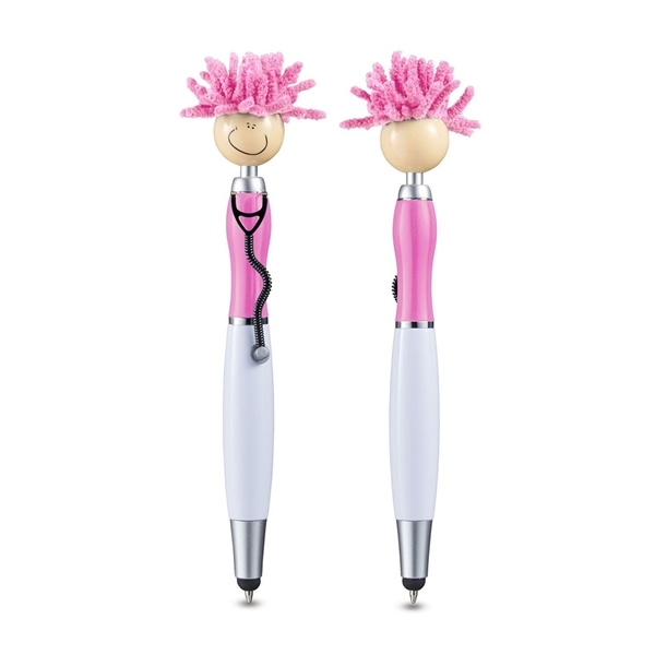 aerial view a pink moptoppers screen cleaner with stethoscope stylus pen, image 2 of 3