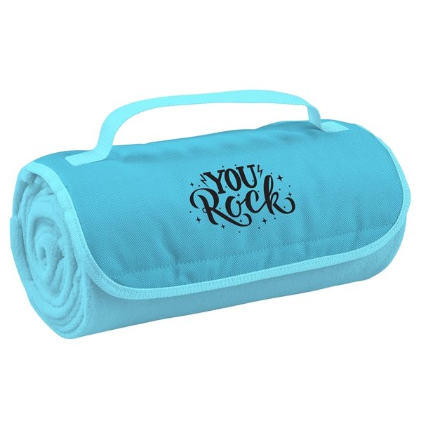 aerial view a light blue large roll - up hook and loop closure blanket, image 2 of 4