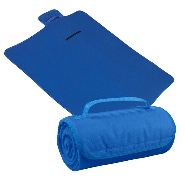 aerial view a royal blue large roll - up hook and loop closure blanket, image 4 of 6