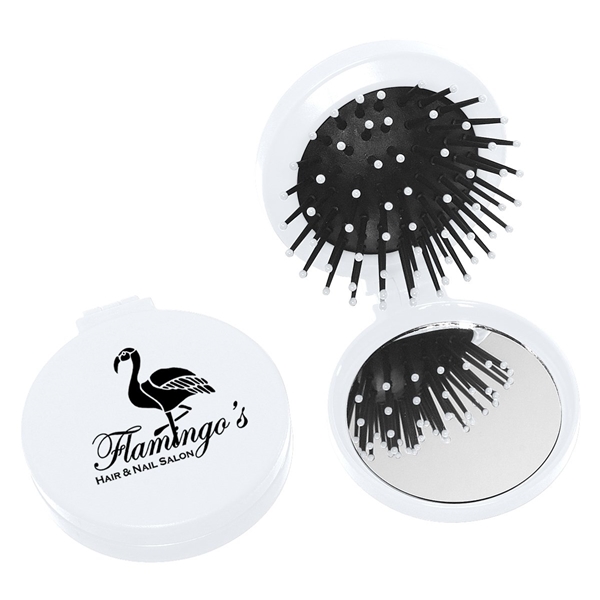 aerial view a white brush and mirror compact 2- in -1 mini travel kit, image 2 of 3