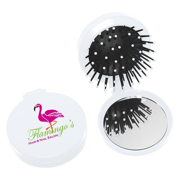 aerial view a white brush and mirror compact 2- in -1 mini travel kit, image 3 of 3