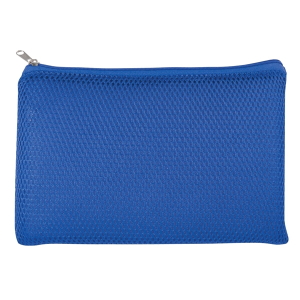 aerial view a royal blue zippered mesh vanity bag, image 3 of 4