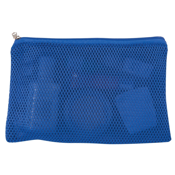 aerial view a royal blue zippered mesh vanity bag, image 4 of 4