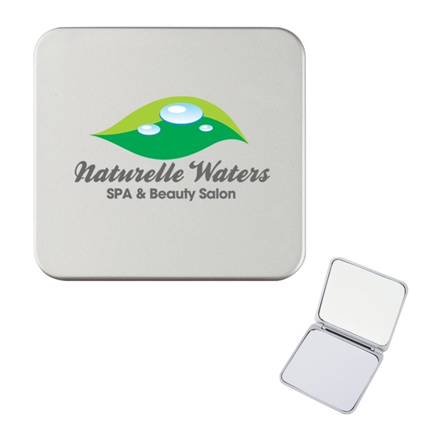 aerial view a solid silver compact mirror with dual magnification, image 3 of 4