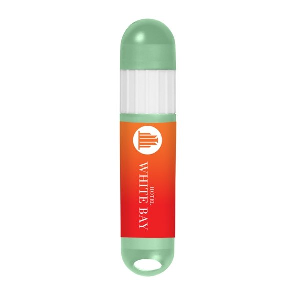 aerial view a translucent lime green with white trim lip balm and sunstick, image 2 of 2