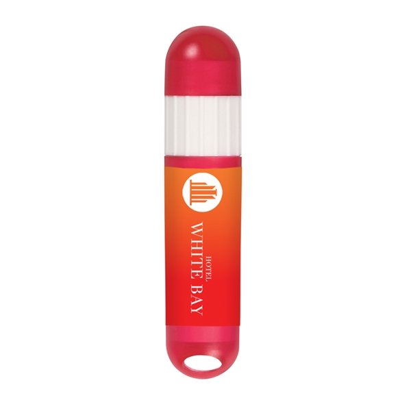 aerial view a translucent red with white trim lip balm and sunstick, image 2 of 2