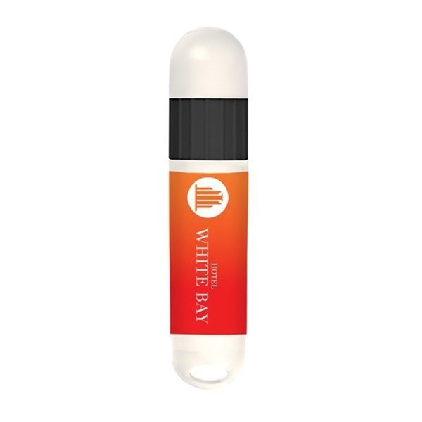 aerial view a white barrel with black trim lip balm and sunstick, image 3 of 3