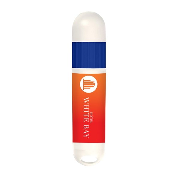 aerial view a white barrel with blue trim lip balm and sunstick, image 2 of 2