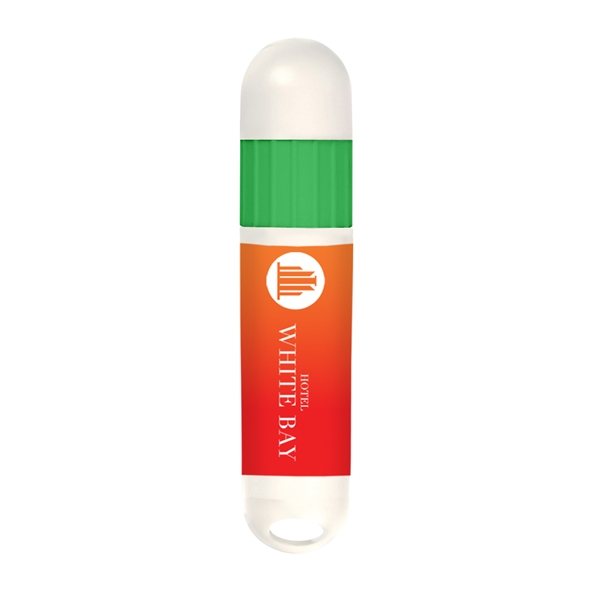 aerial view a white barrel with lime green trim lip balm and sunstick, image 2 of 2