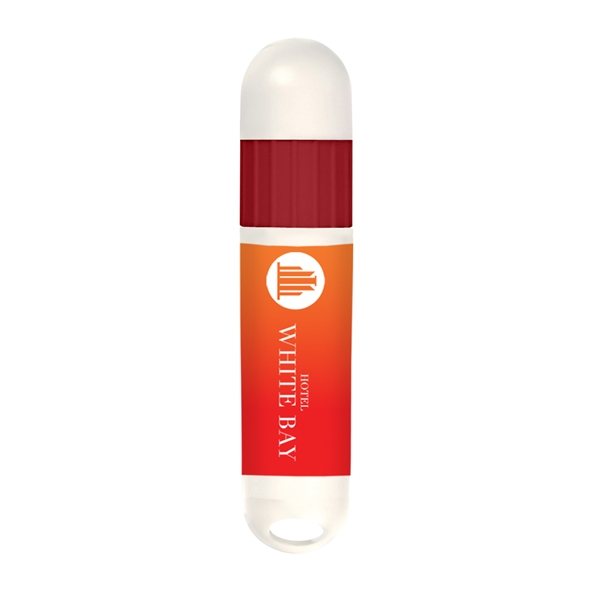 aerial view a white barrel with red trim lip balm and sunstick, image 2 of 2