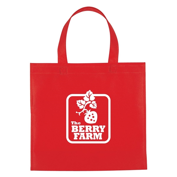 aerial view a red non - woven mini brochure tote bag, image 2 of 2