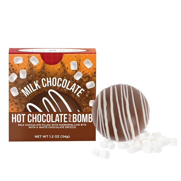 aerial view a brown hot chocolate bomb in full color box, image 2 of 5