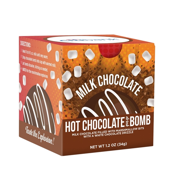 aerial view a brown hot chocolate bomb in full color box, image 3 of 5