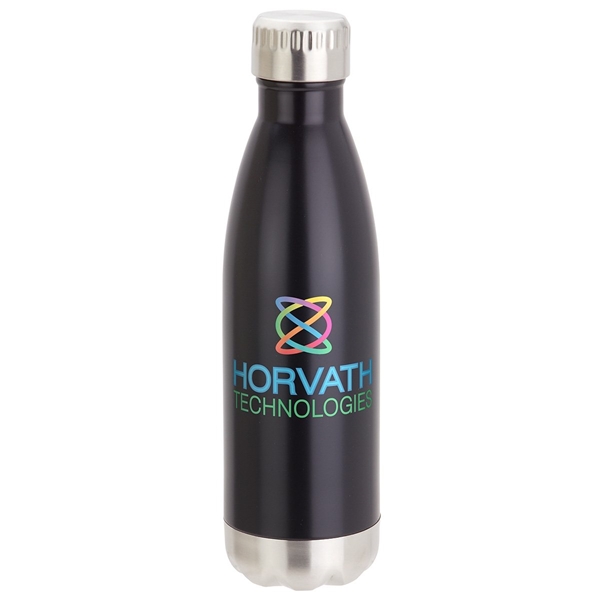 aerial view a matte black with silver cap and base keep 17 oz vacuum insulated stainless steel bottle, image 2 of 2