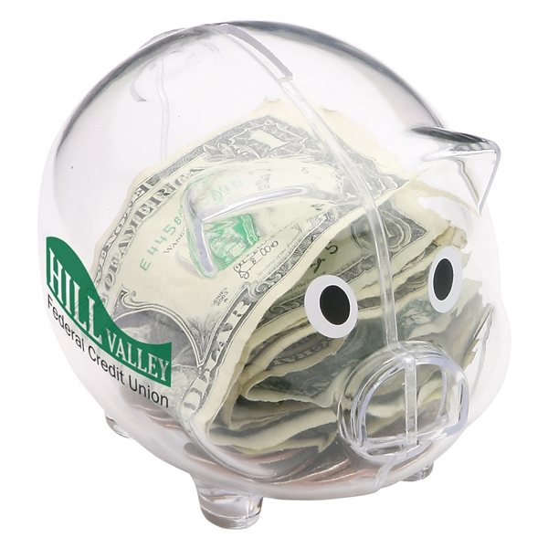 aerial view a clear piggy coin bank, image 2 of 2