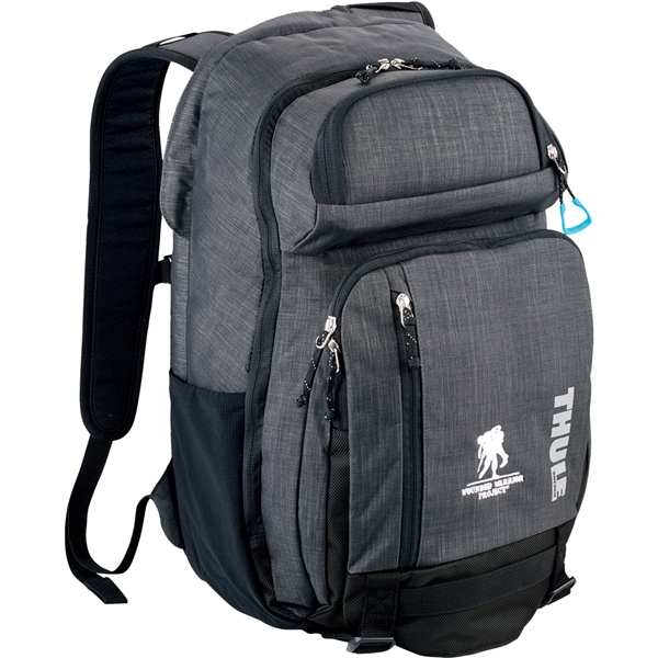 aerial view a gray thule stravan 16 laptop backpack, image 3 of 9
