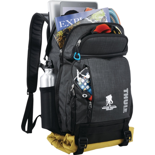 aerial view a gray thule stravan 16 laptop backpack, image 4 of 9