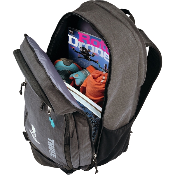 aerial view a gray thule stravan 16 laptop backpack, image 5 of 9