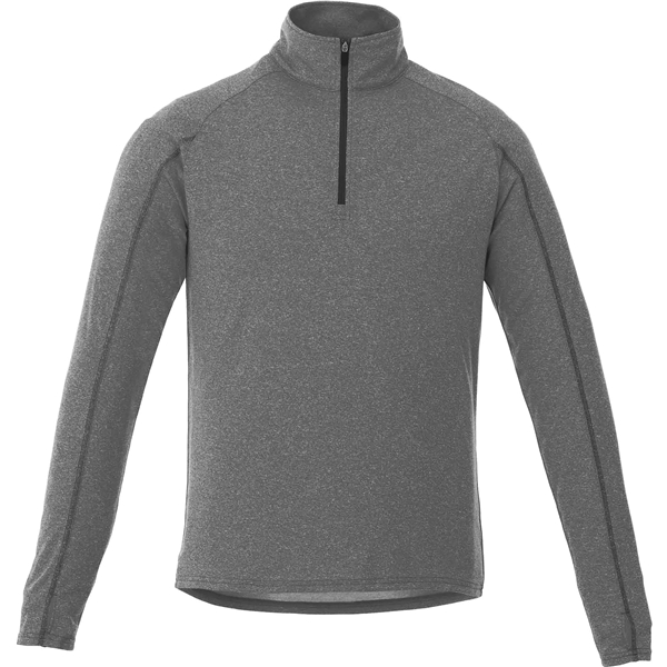 aerial view a heather dark charcoal (988) mens taza performance knit quarter zip with thumb holes, image 2 of 4