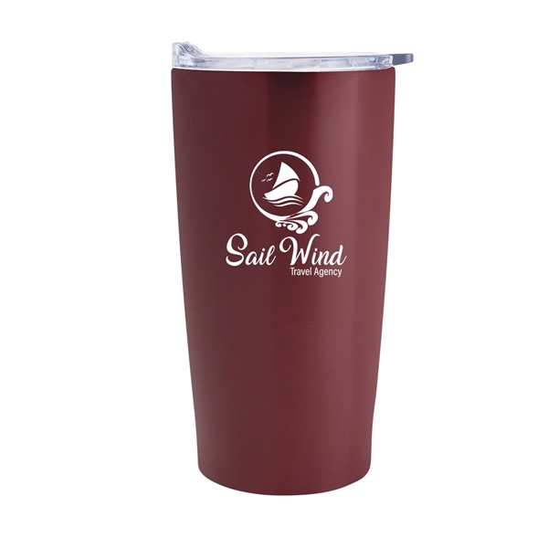 aerial view a maroon with clear lid 20 oz himalayan recycled tumbler, image 2 of 2