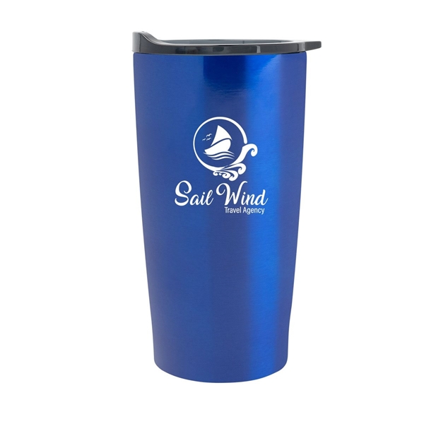 aerial view a metallic blue with charcoal lid 20 oz himalayan recycled tumbler, image 2 of 2