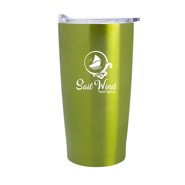 aerial view a metallic green with clear lid 20 oz himalayan recycled tumbler, image 2 of 2