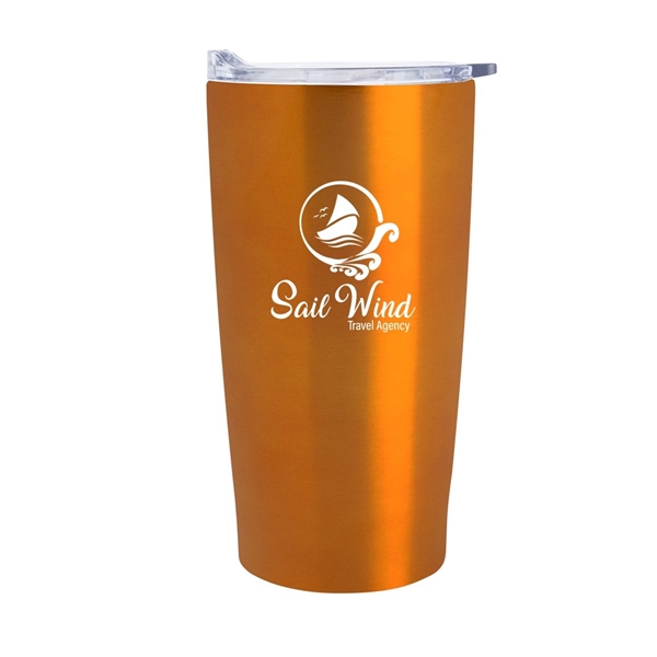 aerial view a metallic orange with clear lid 20 oz himalayan recycled tumbler, image 2 of 2
