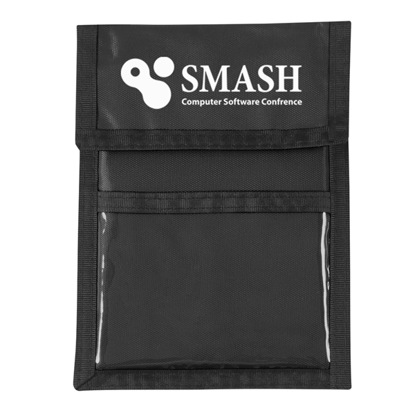 aerial view a black with black cord and trim nylon neck wallet, image 2 of 2