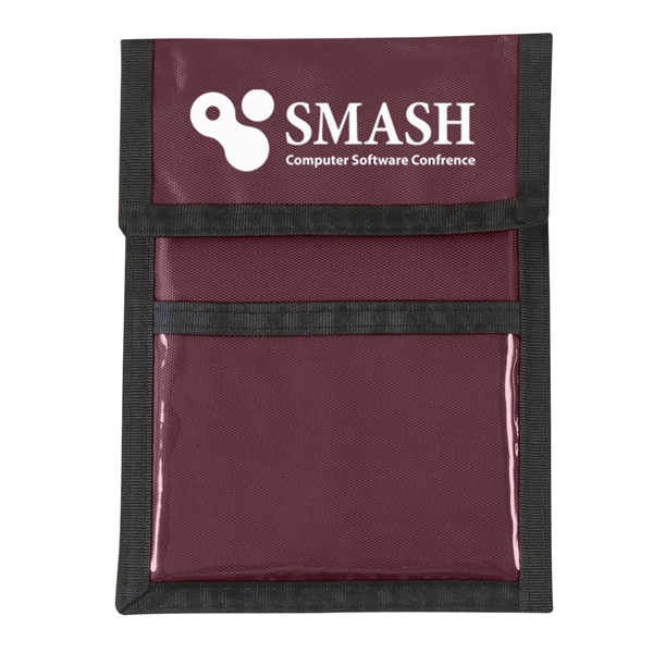 aerial view a burgundy with black cord and trim nylon neck wallet, image 2 of 2