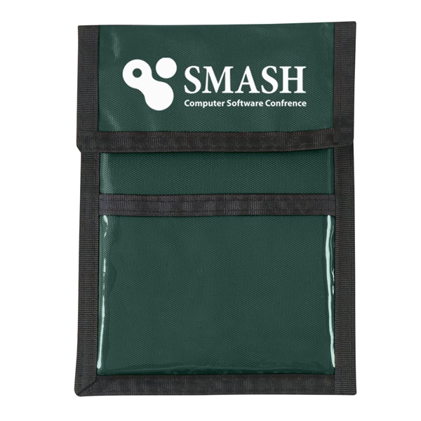 aerial view a forest green with black cord and trim nylon neck wallet, image 2 of 2