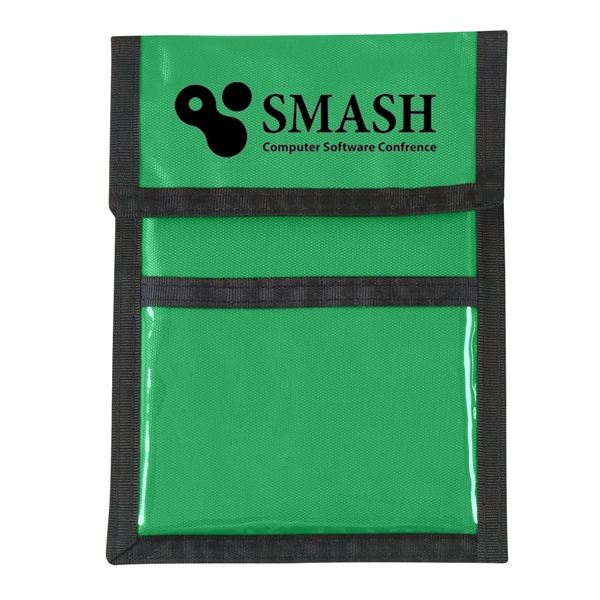 aerial view a kelly green with black cord and trim nylon neck wallet, image 2 of 2