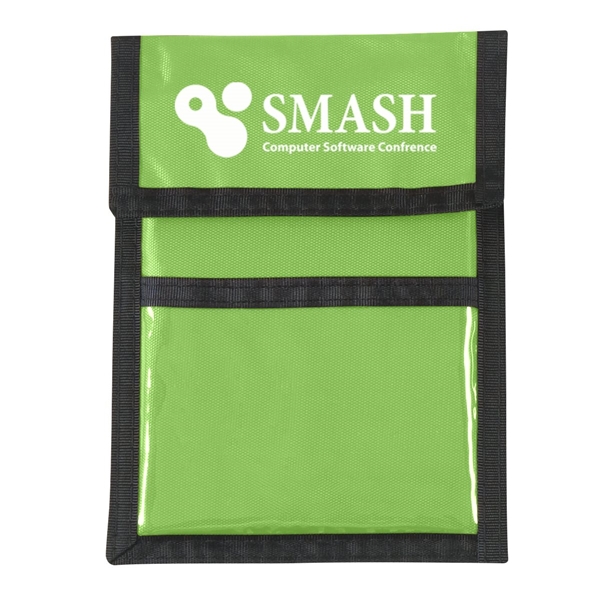 aerial view a lime green with black cord and trim nylon neck wallet, image 2 of 2