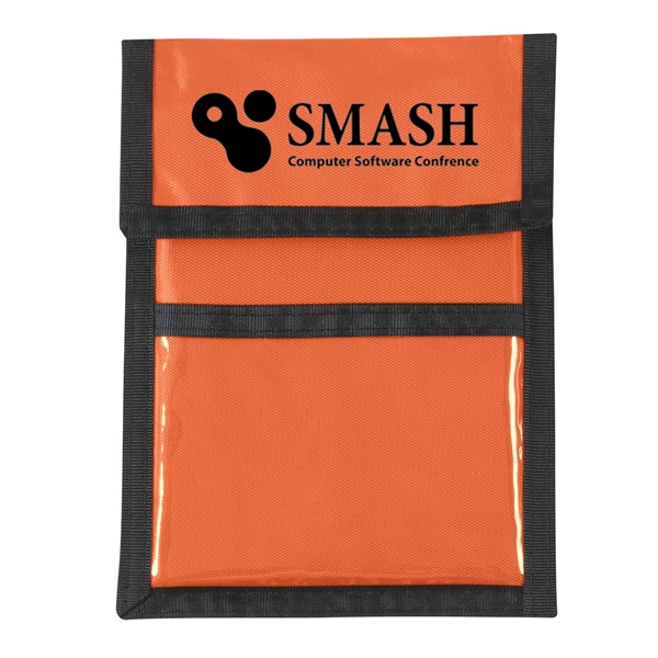 aerial view a orange with black cord and trim nylon neck wallet, image 2 of 2
