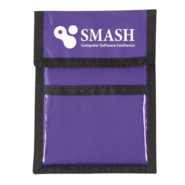 aerial view a purple with black cord and trim nylon neck wallet, image 2 of 2