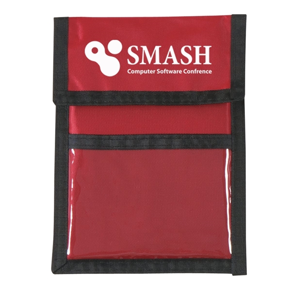 aerial view a red with black cord and trim nylon neck wallet, image 2 of 6