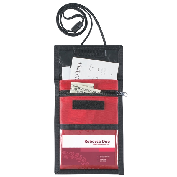 aerial view a red with black cord and trim nylon neck wallet, image 3 of 6