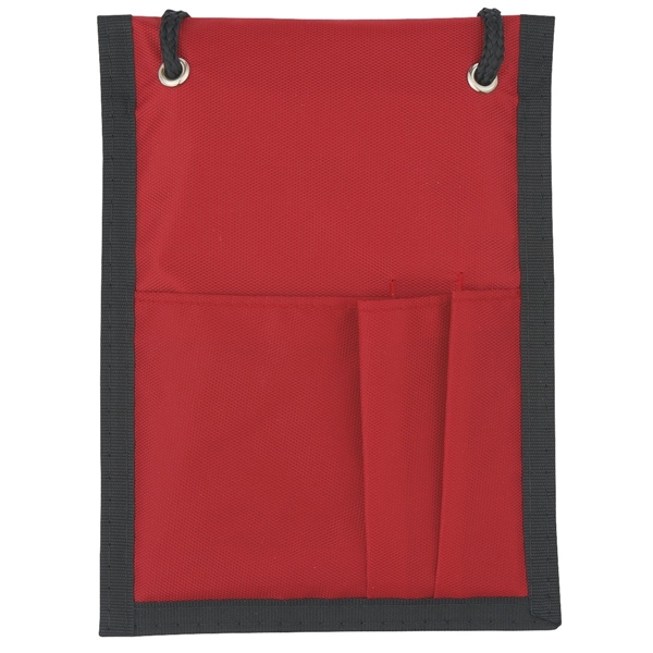aerial view a red with black cord and trim nylon neck wallet, image 4 of 6
