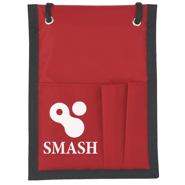 aerial view a red with black cord and trim nylon neck wallet, image 5 of 6