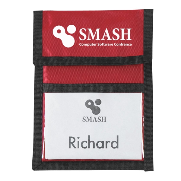 aerial view a red with black cord and trim nylon neck wallet, image 6 of 6