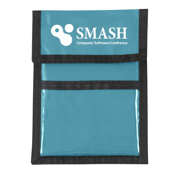 aerial view a turquoise with black cord and trim nylon neck wallet, image 2 of 2