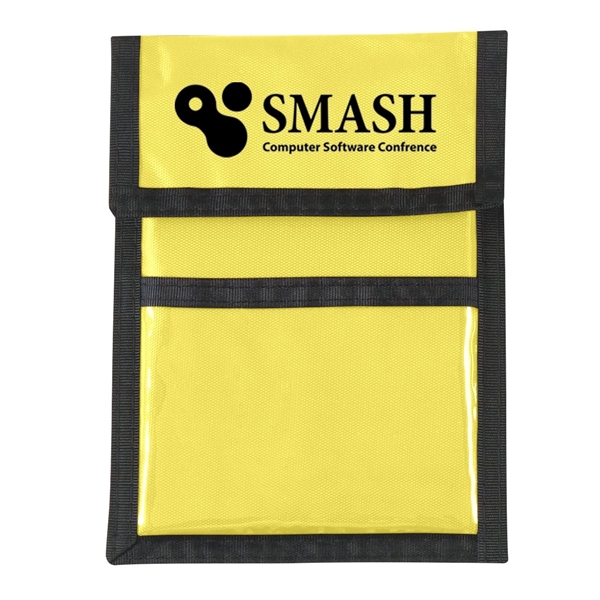 aerial view a yellow with black cord and trim nylon neck wallet, image 2 of 2